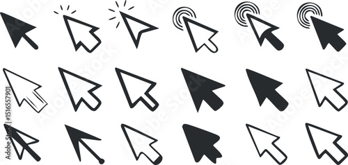 Vector Set of Minimalist Black and White Cursor Icons in Grid Layout Featuring Arrow Pointers, Hand Drawn Elements, and Stylized Click Indicators on White Background

