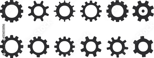 Vector Illustration Featuring a Grid of Detailed Black Gears with Diverse Forms, Spoked Interiors, and Technical Design Elements

