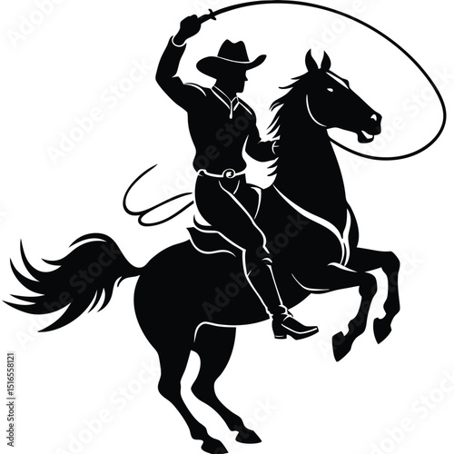 Silhouette of a Cowboy Riding a Rearing Horse with Lasso in the Air