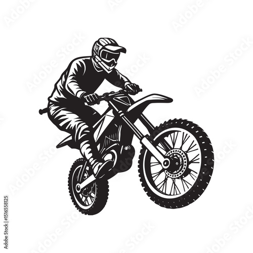Motocross rider on a white background, isolated black silhouette jumping a sport motorcycle with speed