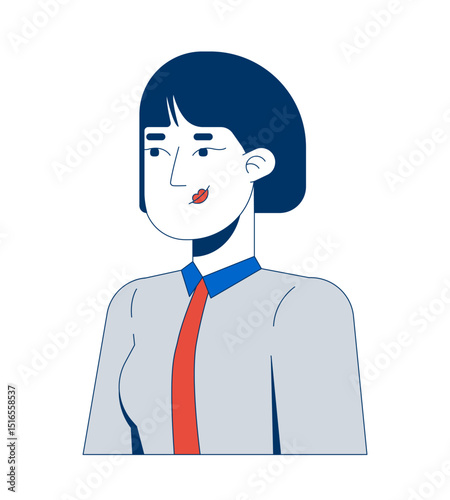 Young asian female professional with short dark hair 2D cartoon character. Team member avatar. Korean woman ceo shirt and tie flat vector person isolated on white. Spot illustration colorful