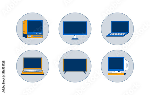 Computers and monitors in circular icons 2D cartoon objects set. CRT display, television flat screen minimalist circles isolated elements flat vector clip arts on white. Spot illustrations collection