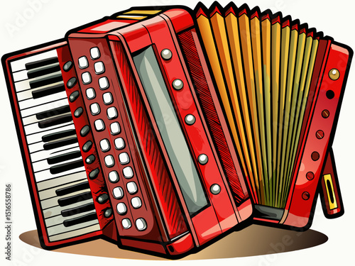 A detailed vector of a red accordion with buttons and keyboard, isolated on a white background