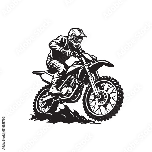 Black silhouette vector illustration of a motocross sport biker riding a motorcycle at speed, performing a stunt jump