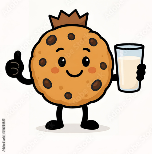 Adorable cartoon of a smiling chocolate chip cookie wearing a crown, holding a glass of milk, with happy expression and thumbs up.