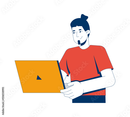 Caucasian man using laptop 2D cartoon character. Freelance lifestyle. Online gaming. Digital nomad. Freelancer gamer european male flat vector person isolated on white. Spot illustration colorful