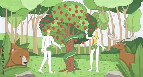 Adam and Eve in Eden garden near good evil knowledge tree flat illustration. Bible story. Forbidden fruit temptation serpent 2D bible characters cartoon background. Colorful scene vector art image