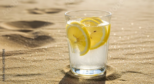 Frosty lemonade glass on sandy shore