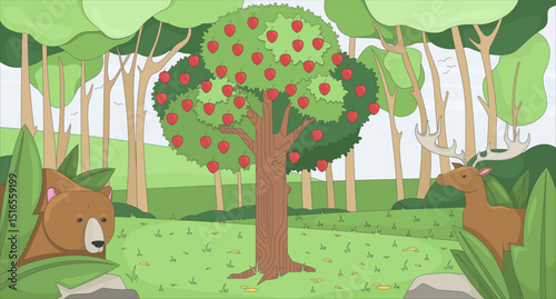 Garden apple tree with forest animals flat illustration background. Woodland bear and deer peeking through lush greenery, appletree Eden biblical 2D cartoon backdrop. Colorful scene vector art image