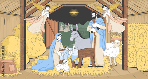 Jesus Christ birth nativity flat illustration. Bible story. Stable with holy baby in manger, Mary, Joseph under Bethlehem star 2D bible characters cartoon background. Colorful scene vector art image