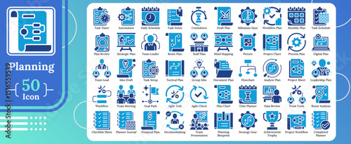 Dual tone style icon set of 50 planning-related elements including schedule, strategy, task, process, leadership, workflow, and goals for business or project use