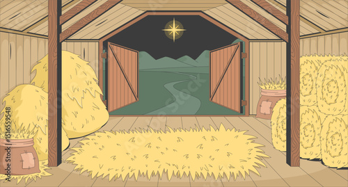Empty stable interior with straw and star of Bethlehem flat illustration background. Peaceful barn biblical. Rustic nativity manger in holy night 2D cartoon backdrop. Colorful scene vector art image