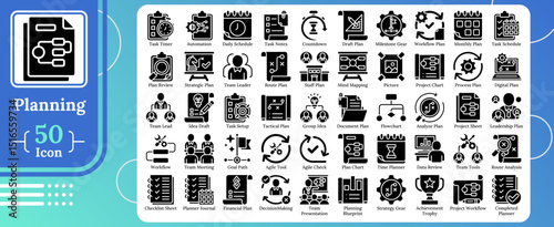 Glyph silhouette style icon set of 50 planning-related elements including schedule, strategy, task, process, leadership, workflow, and goals for business or project use