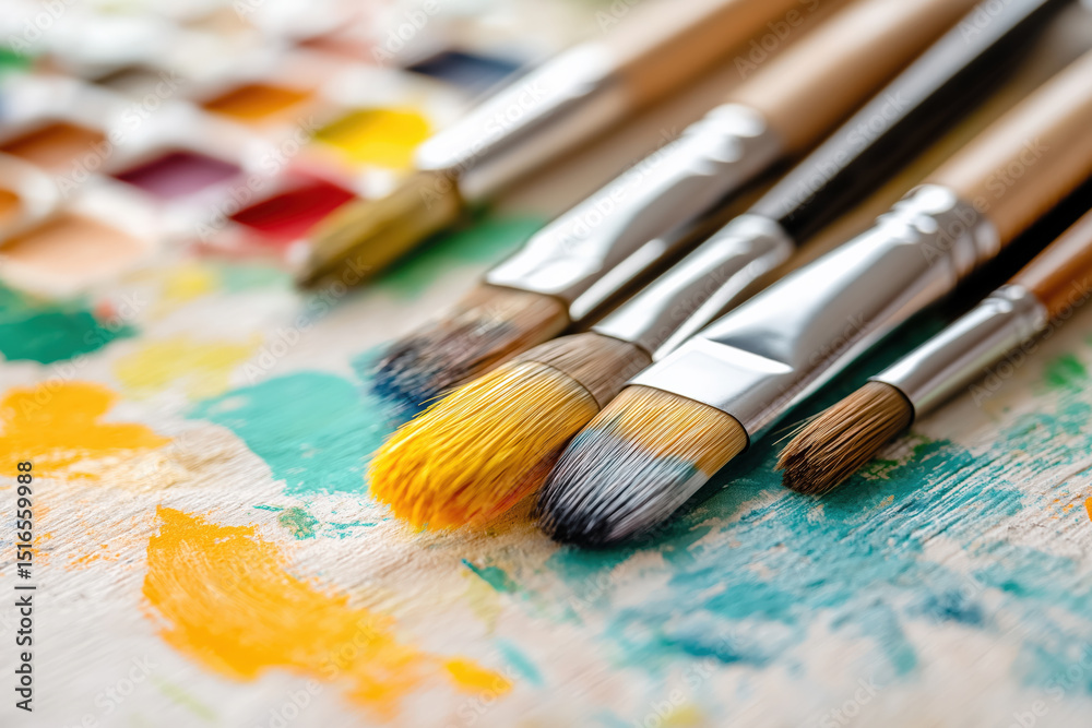 Obraz premium Paintbrushes rest on a vividly colored palette, surrounded by strokes of paint and a vibrant watercolor set