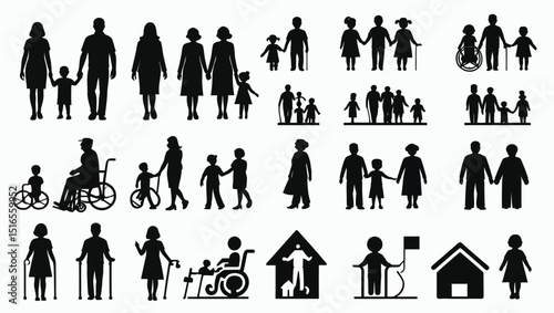 Silhouettes of Diverse Families and Individuals: Holding Hands, Wheelchairs, Canes, and Houses.