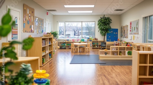 Bright, spacious classroom with learning materials, play area, and natural light.
