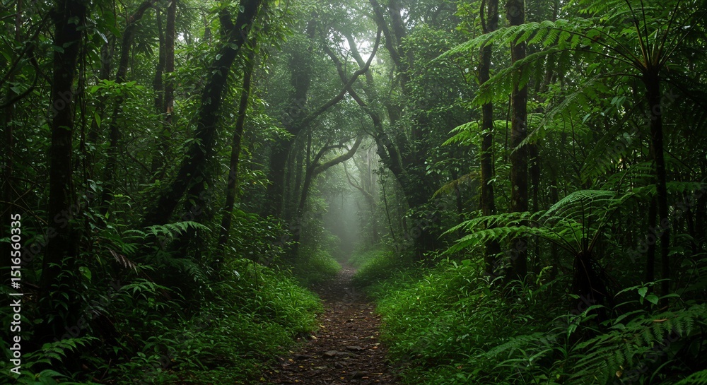 Obraz premium Misty rainforest path with lush ferns and dense foliage under a canopy of trees