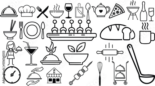 Vector Collection of Minimalist Black and White Culinary Icons Arranged in a Grid Featuring Chef Hats, Serving Dishes, Wine Glasses, Cooking Tools, and Food Symbols in a Clean Graphic Style

