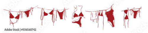 Sea coastle whimsical hand drawn, red bikini collection silhouette