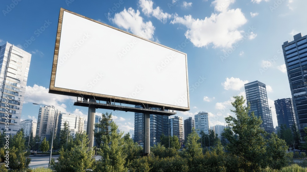 Fototapeta premium Large outdoor blank billboard in urban cityscape with modern high rise buildings and trees under blue sky