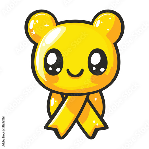 Adorable golden bear cub with yellow ribbon