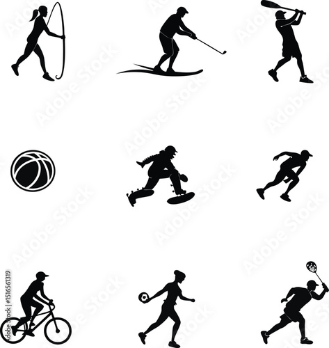 Athlete Sports Silhouettes – Black and White Vector Icons of Action Sports & Fitness Activities