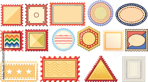 Vector Illustration of Whimsical Vintage Postage Stamps in a Grid Layout Featuring Various Shapes and Perforated Edges on a White Background with Retro Colors and Playful Details

