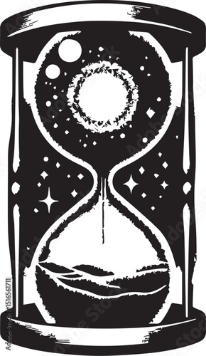 Hourglass, collage element with vintage stipple photocopy effect, with retro grainy texture. Vector illustration for grunge psychedelic surreal poster or tattoo in 90s aesthetic