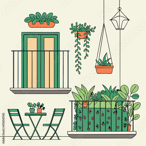 Illustration of a cozy balcony decorated with potted plants, showcasing urban gardening