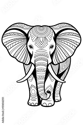 Coloring page of ornate elephant with tribal patterns isolated on white background