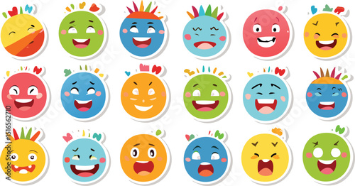 Colorful Grid of Flat Cartoon Emoji Icons with Happy, Surprised, Laughing, and Winking Faces Featuring Decorative Hearts, Stars, and Mohawks

