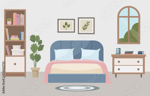 Flat vector of cozy living room with bed, window, bookshelf and home decor. Ideal for websites, social media and interior design projects. Home furniture.