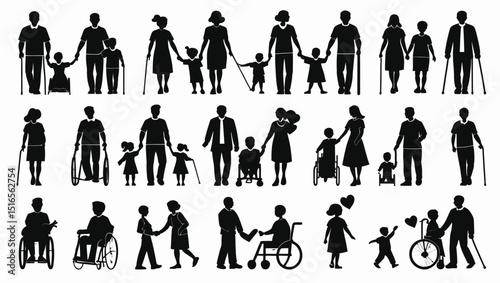 Diverse Families Silhouette Set: Disability, Support, Love, and Inclusivity Represented Graphically.