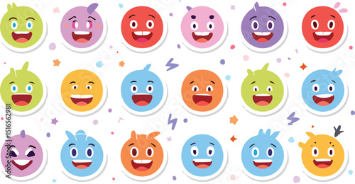 Vector Set of Round Emoji Characters with Bright Primary Colors, Unique Hair and Decorations, and Fun Facial Expressions in Flat Style