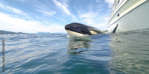 orca killer whale outdoors frolicking in its natural habitat with an invading yacht photo