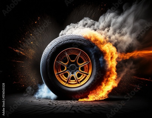 burning rubber smoking burnout drift spinning tire overlay effect on black background