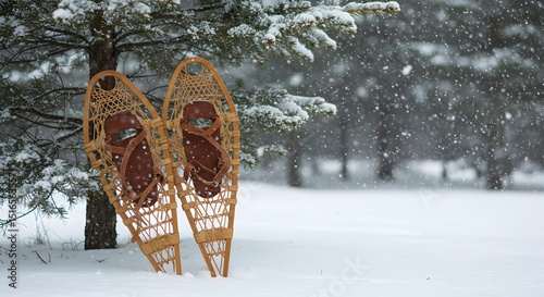 Snowshoes against snow-laden tree photo