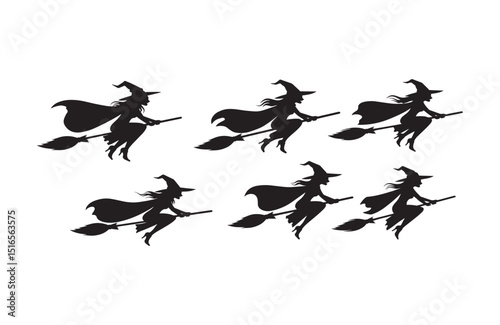 Spooky Halloween Witch Silhouettes Six Flying Witches on Broomsticks for Festive Decorations