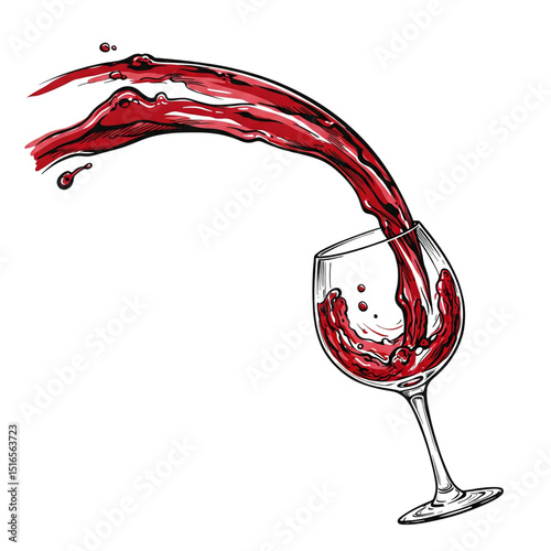 A glass of red wine with liquid dramatically splashing out in an artistic style.