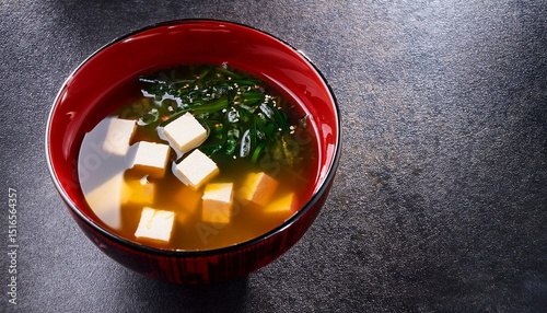 healthy miso soup with tofu and seaweed in red bowl for wellness and nutrition
