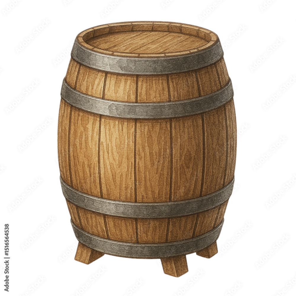 Obraz premium A wooden barrel with metal bands, standing upright on short supports.