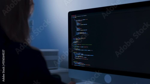 Professional female programmer and software developer working on desktop computer writing code and learning data algorithm looking at screen sitting at desk in software development office.
