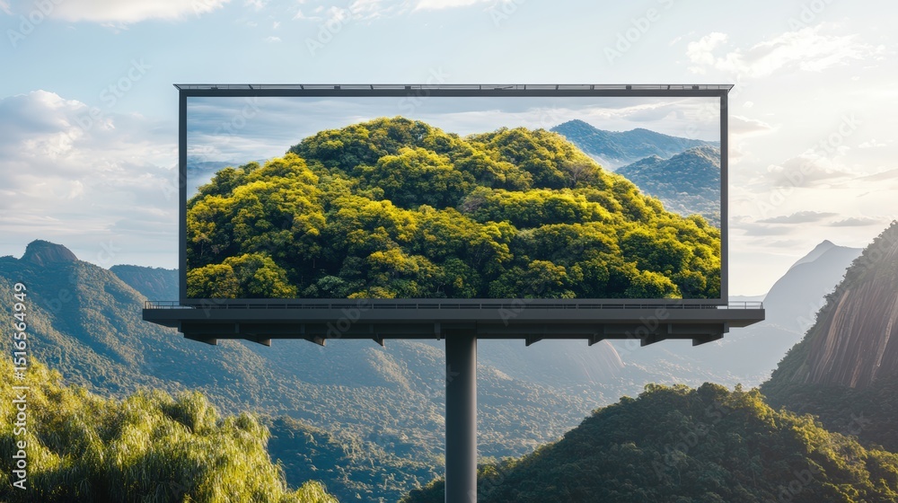 Fototapeta premium Large outdoor digital billboard displaying lush green mountain landscape with distant hills under cloudy sky du daytime