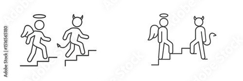 Contrasting figures embodying morality ascend stairs in a playful representation of good and evil