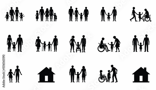 Family Silhouettes: Diverse Families, Single Parent, Wheelchair Users, House Icons, Black on White.