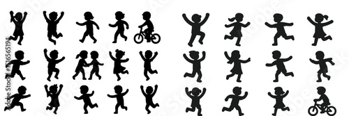 Silhouette of children playing, running, and biking at a park on a sunny day