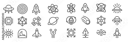 Creative collection of futuristic icons representing space, technology, and science, showcasing various themes and designs