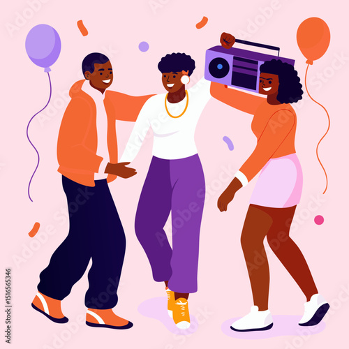 Illustration of dancing happy young people in casual clothes depicting joy and fun
