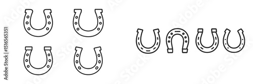 Collection of various horseshoes in different orientations and designs, showcasing a classic good luck symbol and equestrian theme