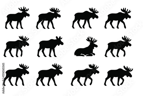 Various silhouettes of moose in walking and resting positions against a white background